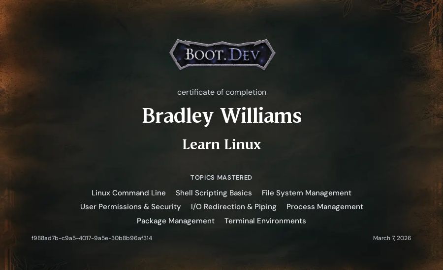Bradley Williams's Boot.dev Learn Linux certificate