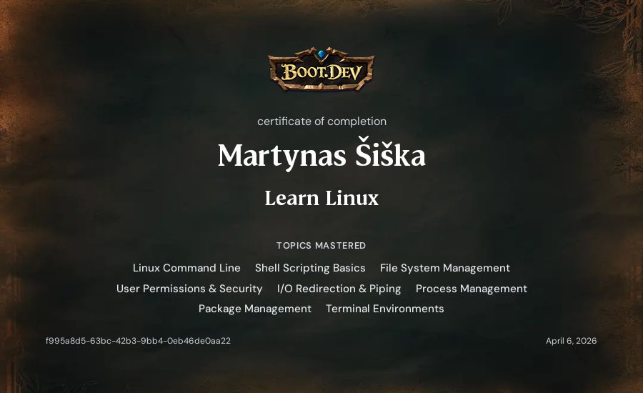 Martynas Šiška's Boot.dev Learn Linux certificate