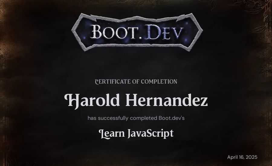Harold Hernandez's Boot.dev Learn JavaScript certificate