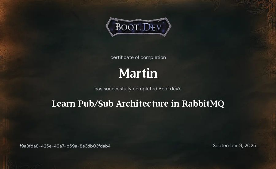 Martin's Boot.dev Learn Pub/Sub in RabbitMQ and Go certificate