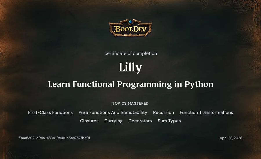 decoy's Boot.dev Learn Functional Programming in Python certificate