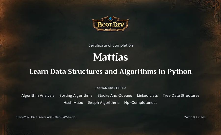 Mattias's Boot.dev Learn Data Structures and Algorithms in Python certificate