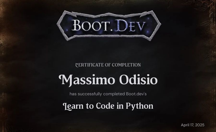 Massimo Odisio's Boot.dev Introduction to Python Course certificate