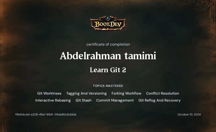 Abdelrahman tamimi's Boot.dev Learn Git 2 certificate