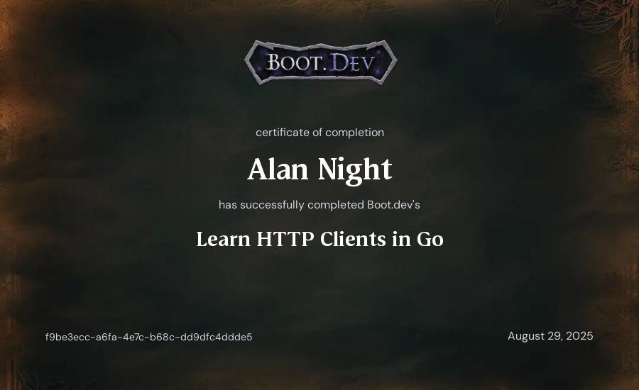 Alan Night's Boot.dev Learn HTTP Clients in Go certificate