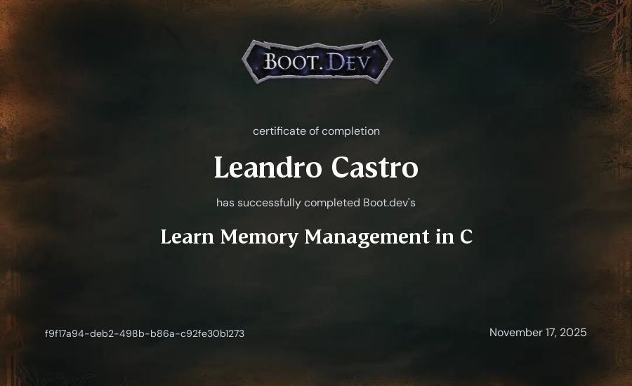 Leandro Castro's Boot.dev Learn Memory Management in C certificate