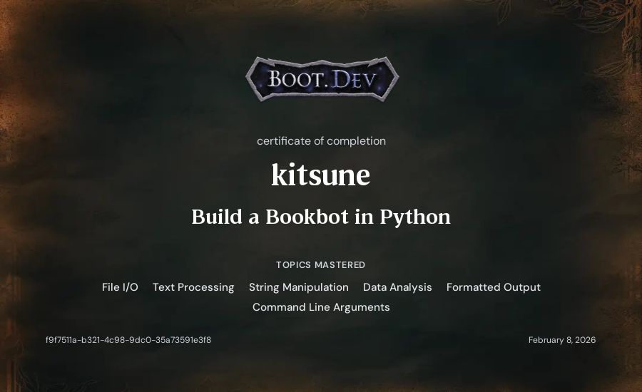 kitsune's Boot.dev Build a BookBot in Python certificate