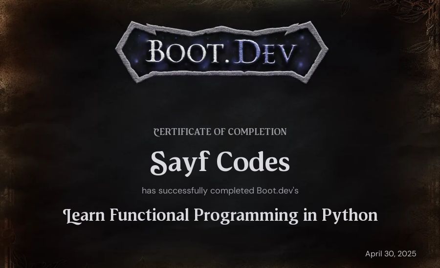 Sayf Codes's Boot.dev Learn Functional Programming in Python certificate