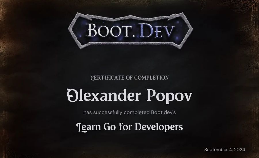 Oleksander Popov's Boot.dev Learn Go certificate