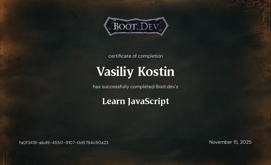 Vasiliy Kostin's Boot.dev Learn JavaScript certificate