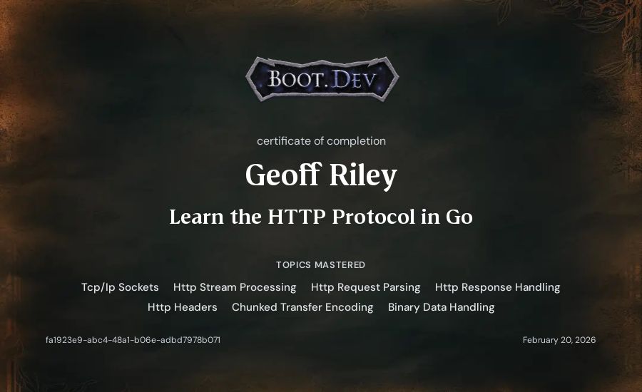 Geoff Riley's Boot.dev Learn the HTTP Protocol in Go certificate