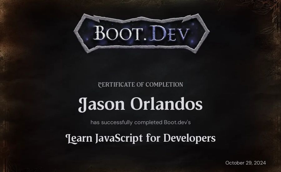 Iason Orlandos's Boot.dev Learn JavaScript certificate