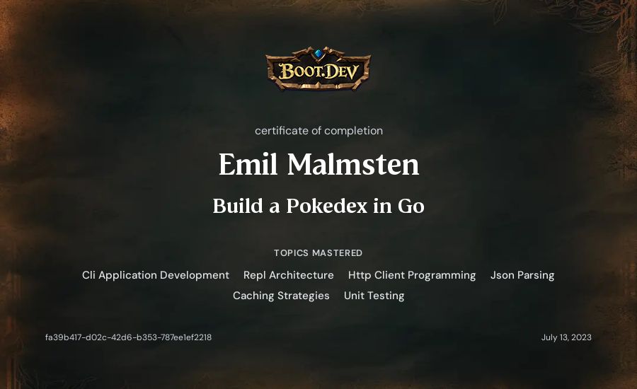Emil Malmsten's Boot.dev Build a Pokedex in Go certificate