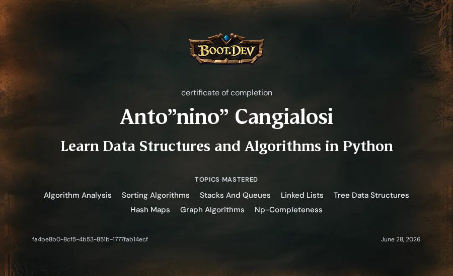 Anto"nino" Cangialosi's Boot.dev Learn Data Structures and Algorithms in Python certificate