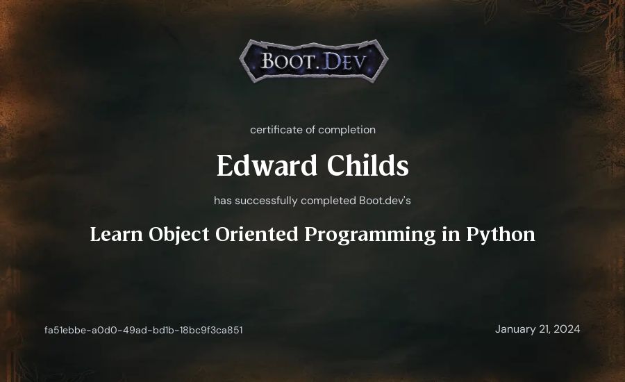 Edward Childs's Boot.dev Learn Object Oriented Programming in Python certificate