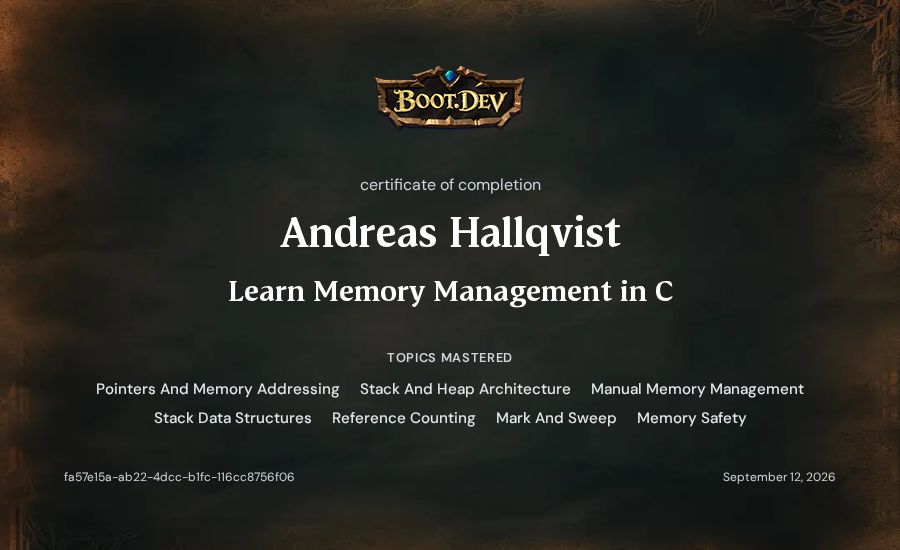 Andreas Hallqvist's Boot.dev Learn Memory Management in C certificate