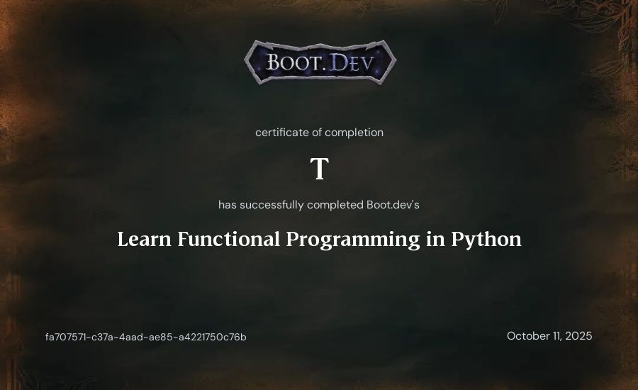 T's Boot.dev Learn Functional Programming in Python certificate