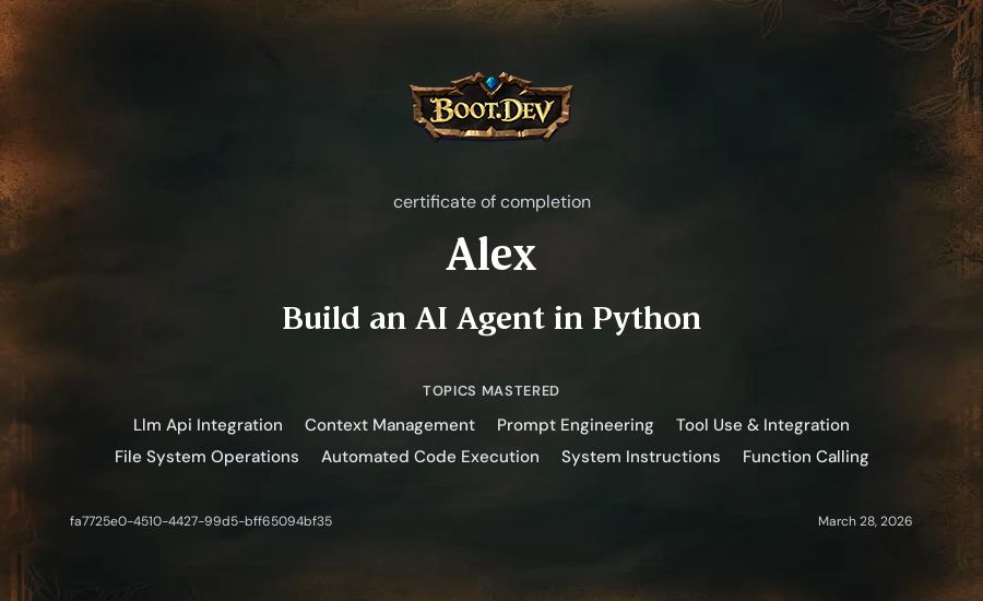 Alex's Boot.dev Build an AI Agent in Python certificate