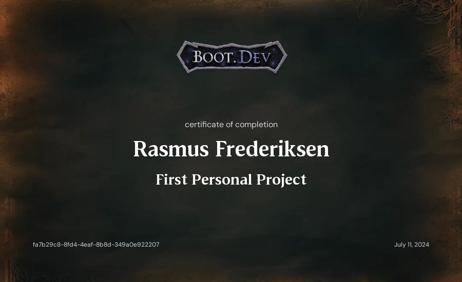 Rasmus Frederiksen's Boot.dev First Personal Project certificate