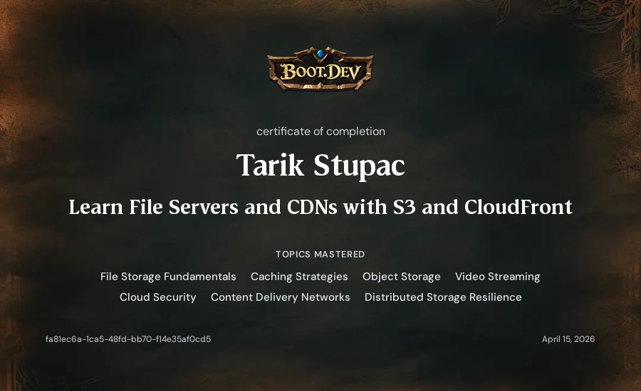 Tarik Stupac's Boot.dev Learn File Servers and CDNs with S3 and CloudFront certificate