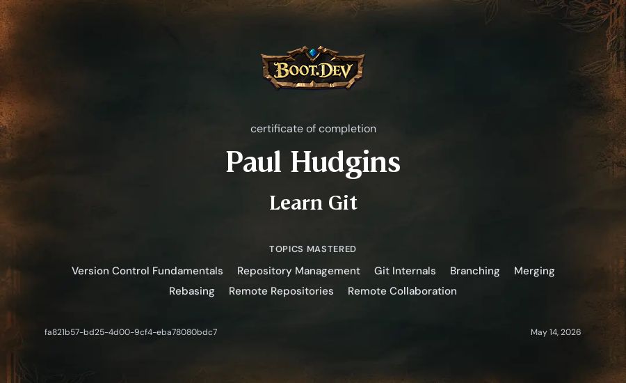 Paul Hudgins's Boot.dev Learn Git certificate
