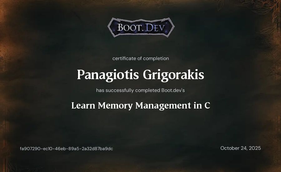 Panagiotis Grigorakis's Boot.dev Learn Memory Management in C certificate
