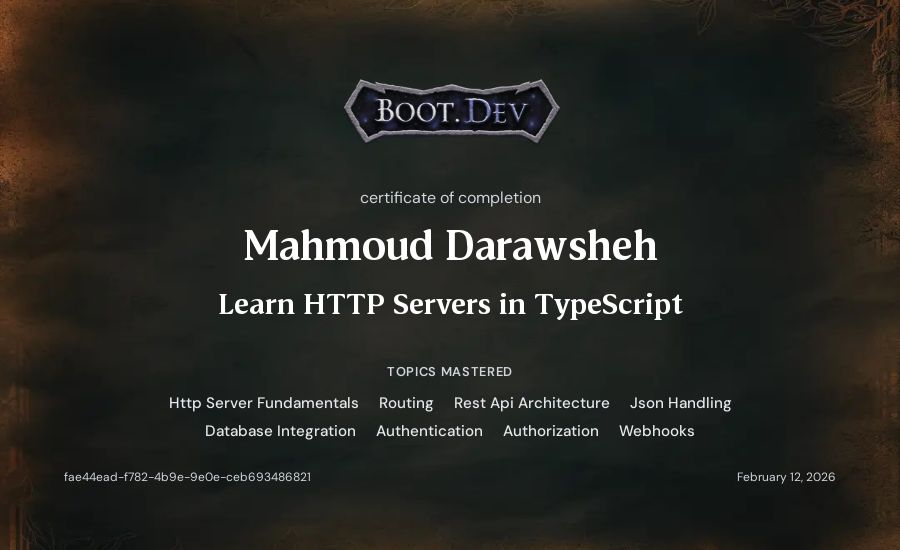 Mahmoud Darawsheh's Boot.dev Learn HTTP Servers in TypeScript certificate
