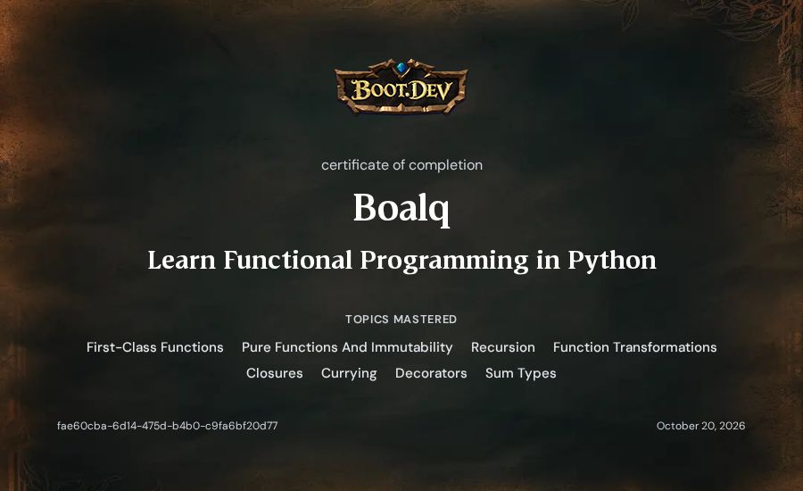 Boalq's Boot.dev Learn Functional Programming in Python certificate