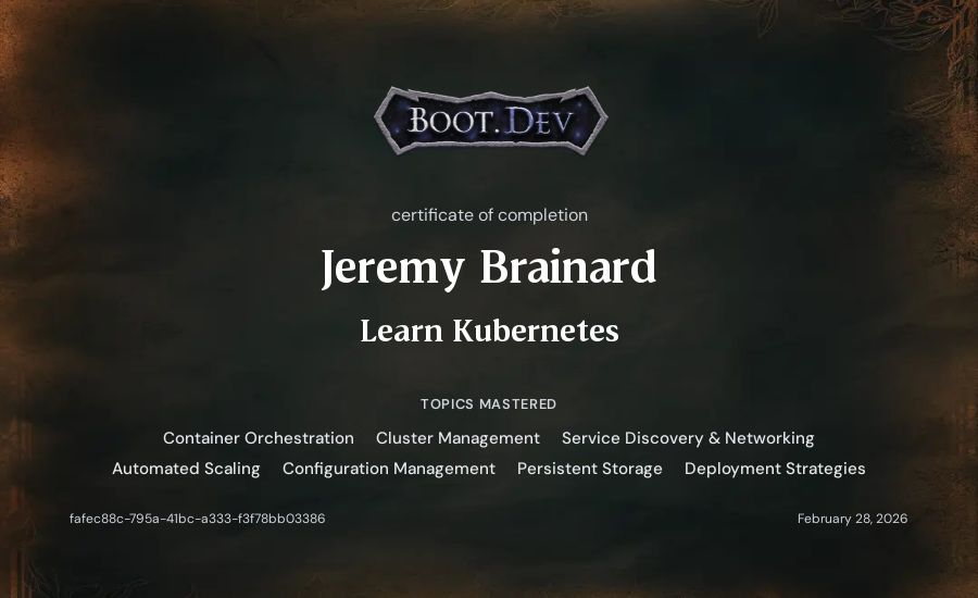 Jeremy Brainard's Boot.dev Learn Kubernetes certificate