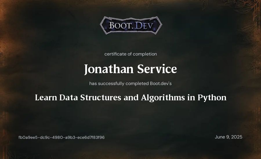 Jonathan Service's Boot.dev Learn Data Structures and Algorithms in Python certificate