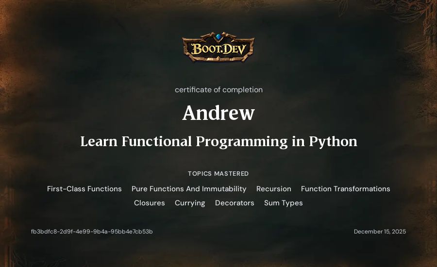 Andrew's Boot.dev Learn Functional Programming in Python certificate