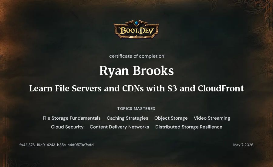Ryan Brooks's Boot.dev Learn File Servers and CDNs with S3 and CloudFront certificate