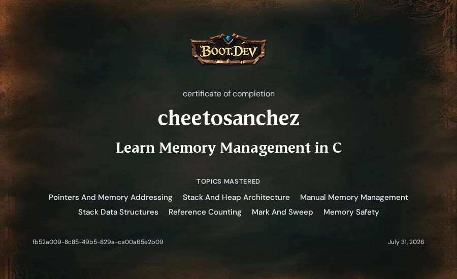 cheetosanchez's Boot.dev Learn Memory Management in C certificate