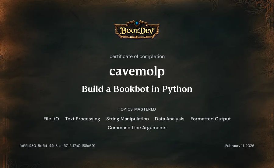 cavemolp's Boot.dev Build a BookBot in Python certificate