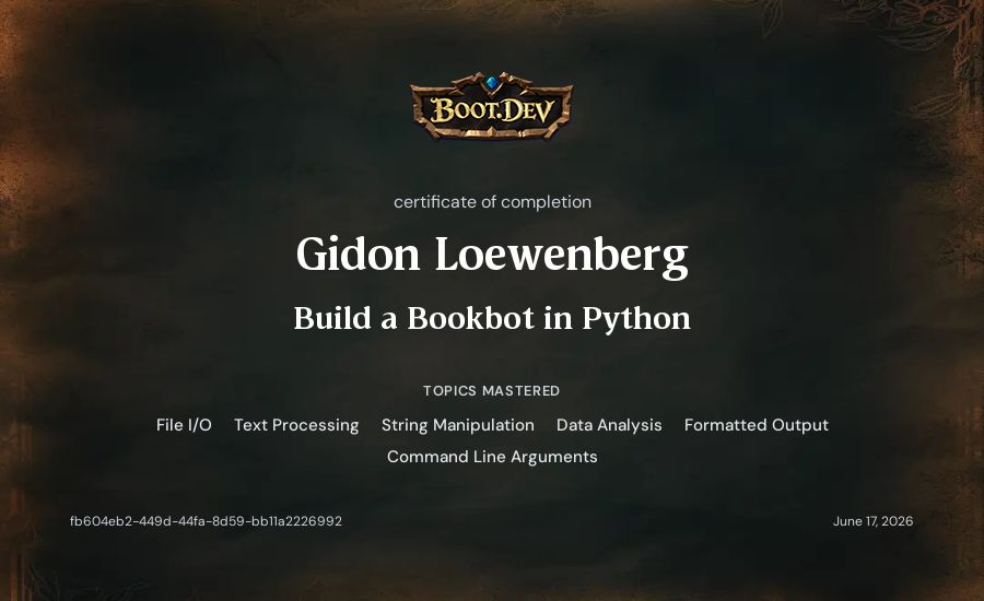 Gidon Loewenberg's Boot.dev Build a BookBot in Python certificate