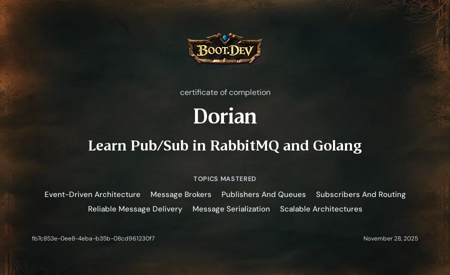 Dorian's Boot.dev Learn Pub/Sub in RabbitMQ and Go certificate