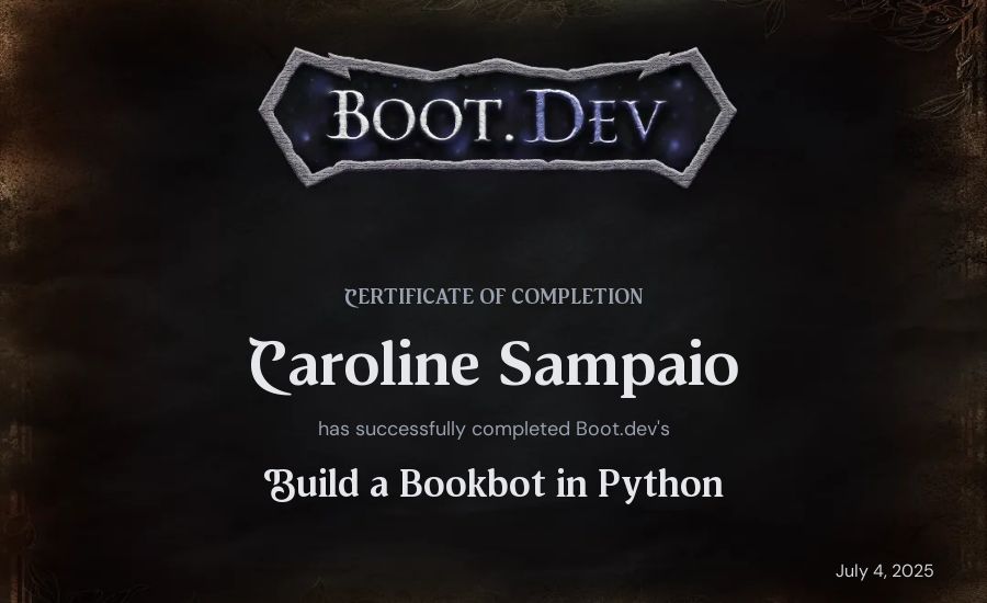 Caroline Sampaio's Boot.dev Build a BookBot in Python certificate