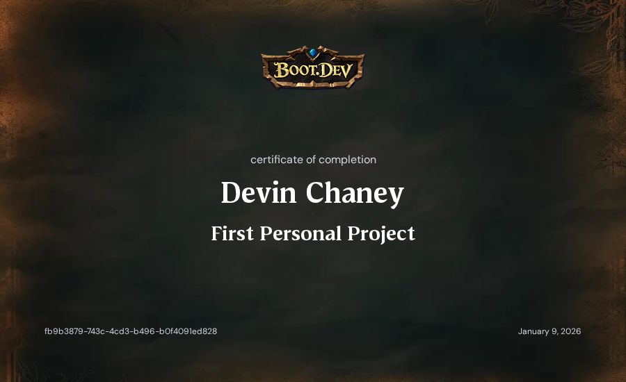 Devin Chaney's Boot.dev First Personal Project certificate