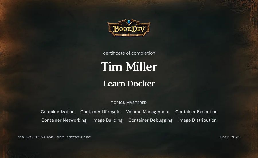Tim Miller's Boot.dev Learn Docker certificate