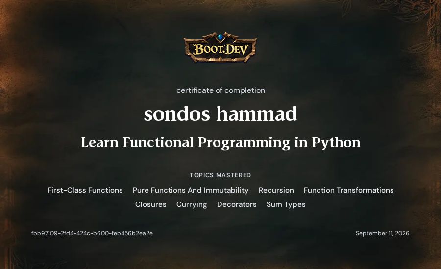 sondos hammad's Boot.dev Learn Functional Programming in Python certificate