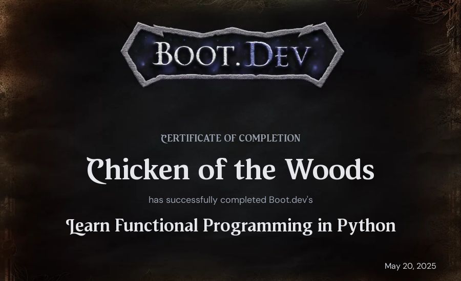 Louie Hagen's Boot.dev Learn Functional Programming in Python certificate