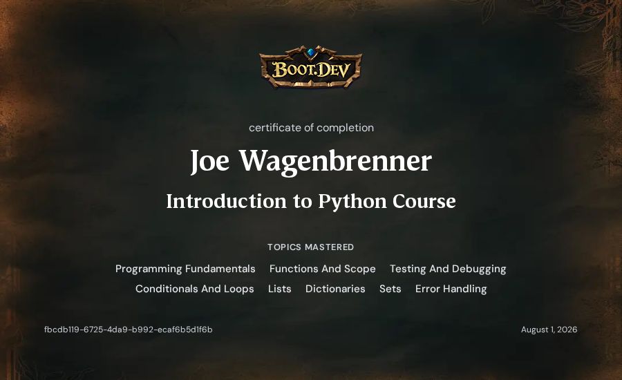 Joe Wagenbrenner's Boot.dev Introduction to Python Course certificate