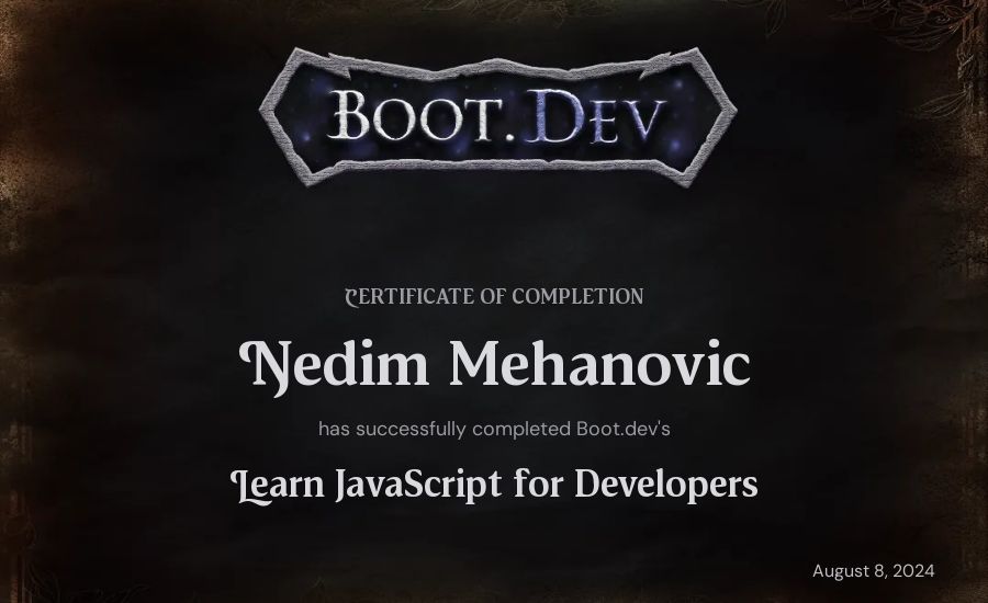 Nedim Mehanovic's Boot.dev Learn JavaScript certificate