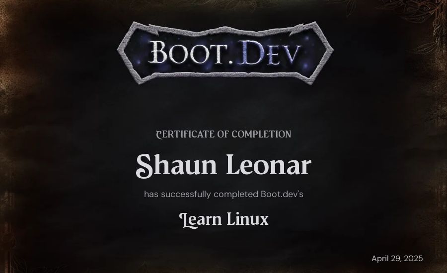 Shaun Leonar's Boot.dev Learn Linux certificate