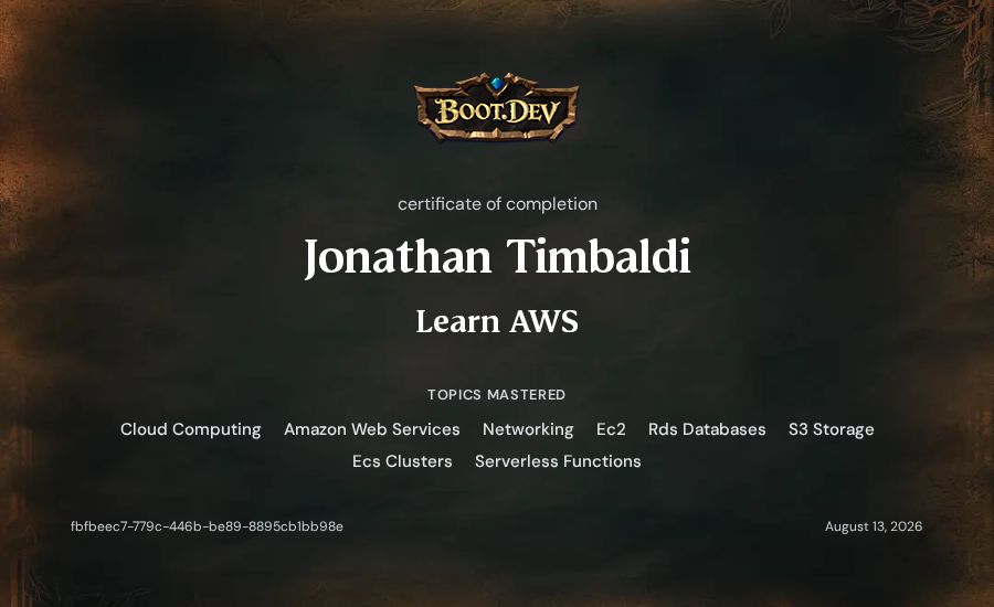 Jonathan Timbaldi's Boot.dev Learn AWS certificate