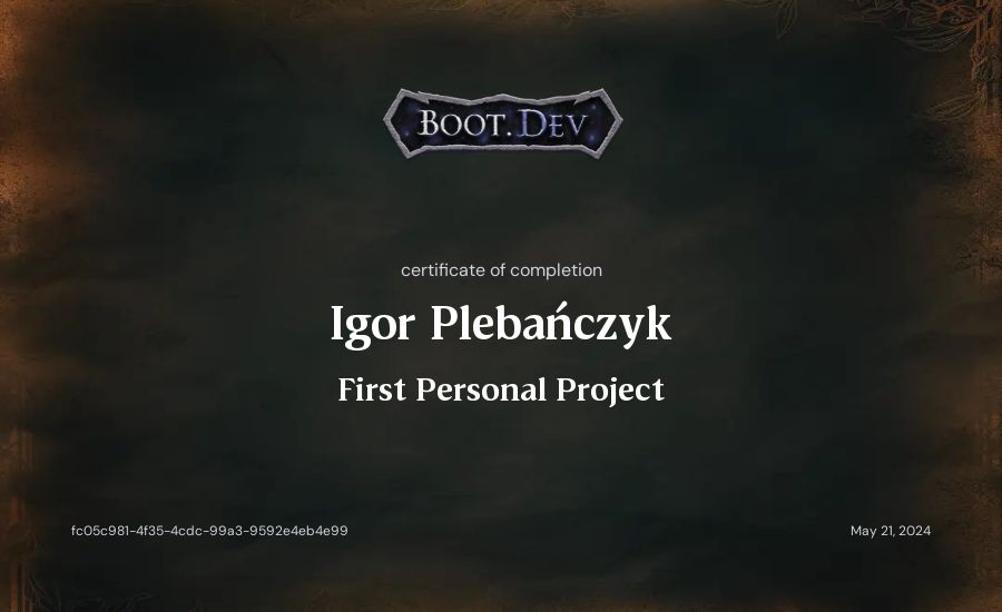 Igor Plebańczyk's Boot.dev First Personal Project certificate