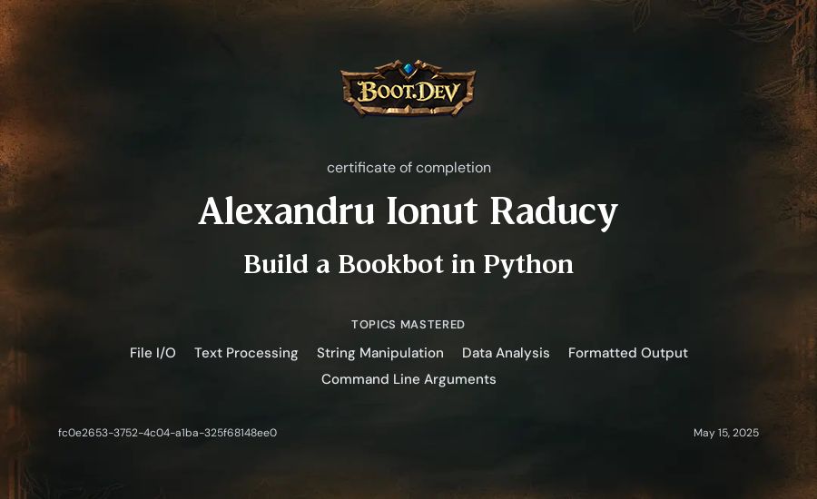Alexandru Ionut Raducy's Boot.dev Build a BookBot in Python certificate