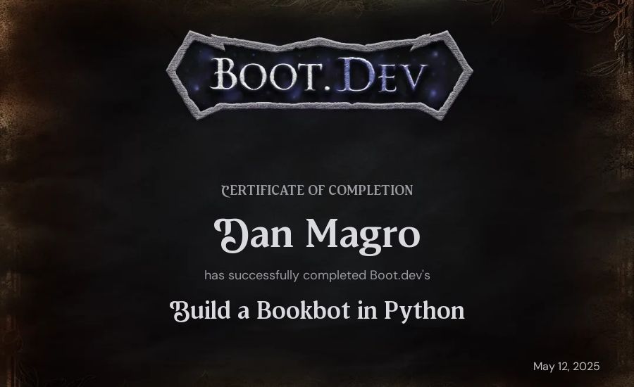 Dan Magro's Boot.dev Build a BookBot in Python certificate