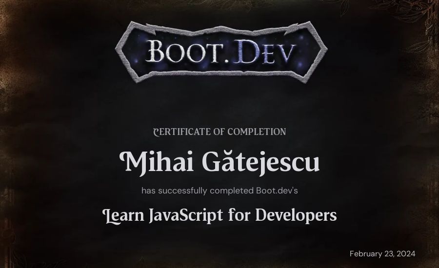 Mihai Gătejescu's Boot.dev Learn JavaScript certificate