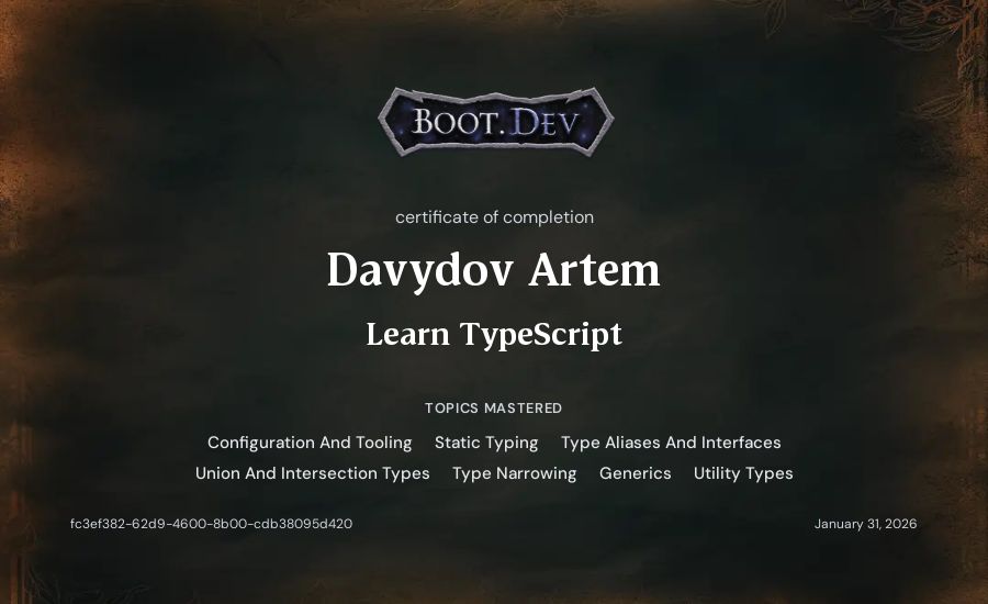 Davydov Artem's Boot.dev Learn TypeScript certificate